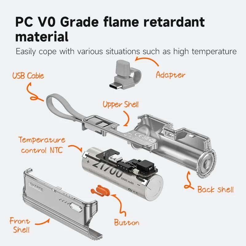 SHARGE Flow Mini 5000mAh Power Bank Integrated USBC Lightning Connectors For IPhone 15 Samsung 5