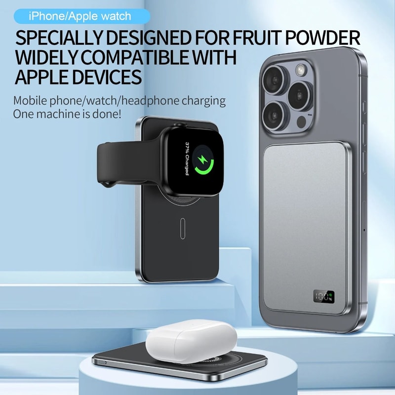 UltraThin Alloy Magnetic Power Bank Wireless Fast Charger For IPhone 16 IWatch AirPods 1