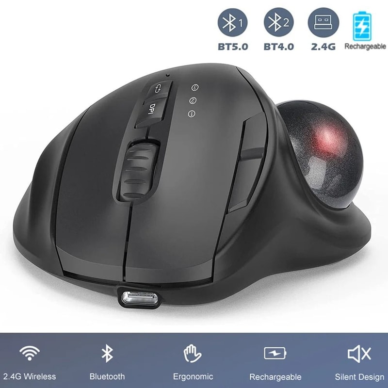 Jomaa Ergonomic Wireless Trackball Mouse Rechargeable DualMode Bluetooth 24G Thumb Control Mouse 0