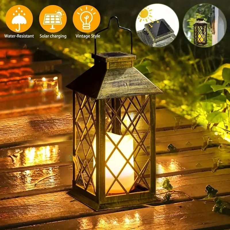 Solar Powered Hanging Lantern Flickering Flameless Candle Outdoor Decorative Lamp 3