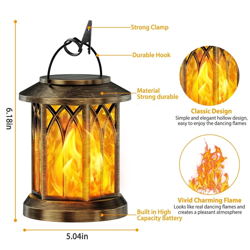 2Pack Upgraded Flickering Flame Solar Lanterns Hanging Outdoor Garden Lights In Bronze Black 2
