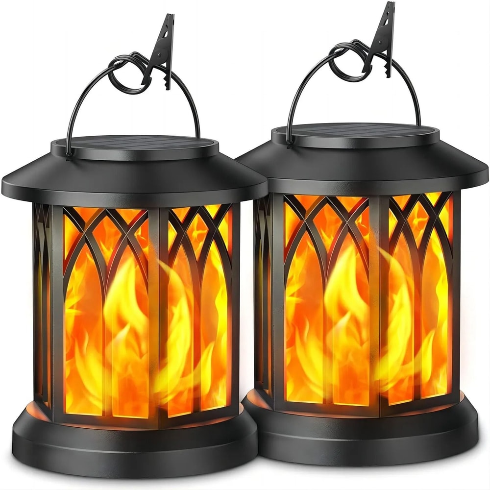 2Pack Upgraded Flickering Flame Solar Lanterns Hanging Outdoor Garden Lights In Bronze Black 6