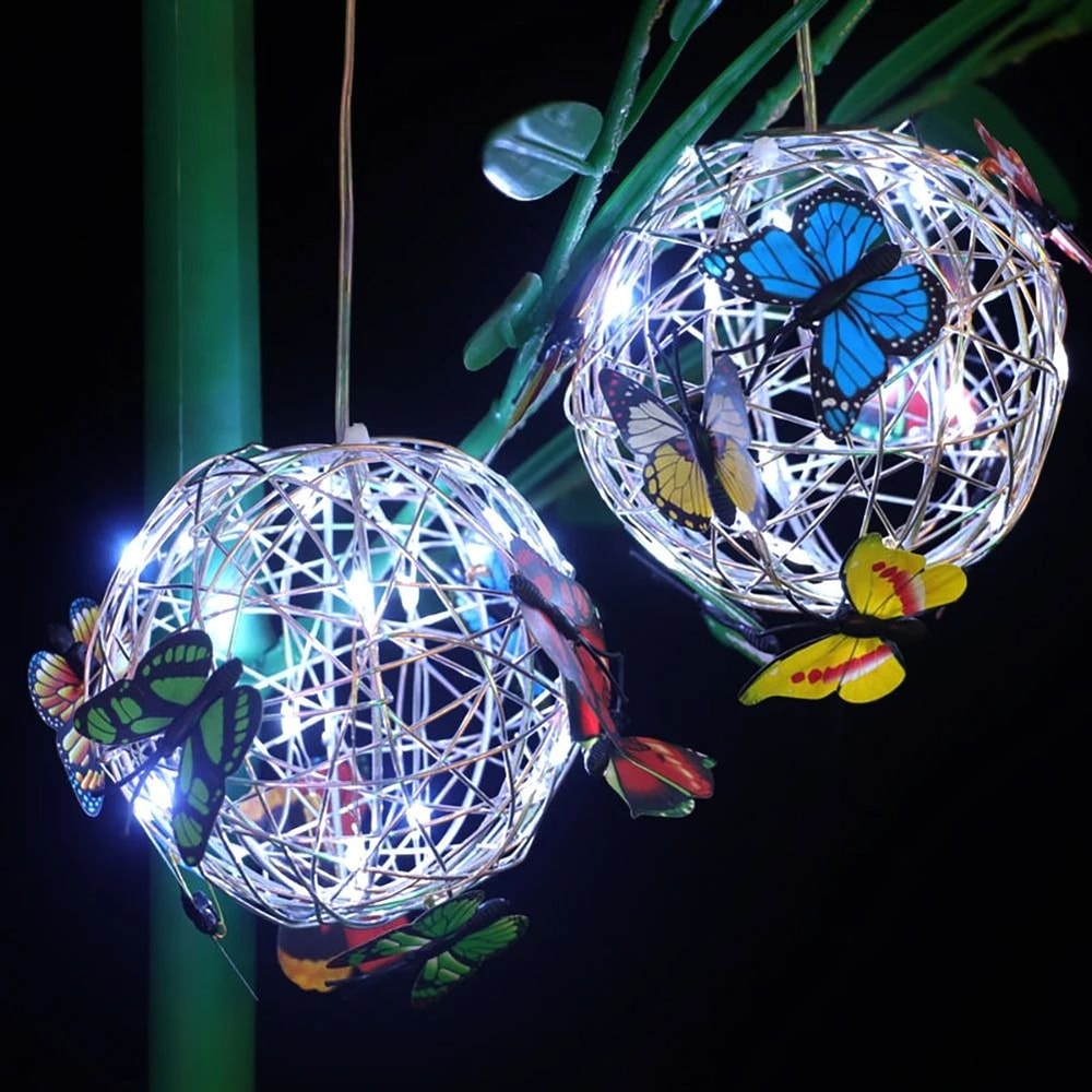 Solar Butterfly Pendant Light Outdoor Waterproof Weaving Mesh Round Ball Lamp 2