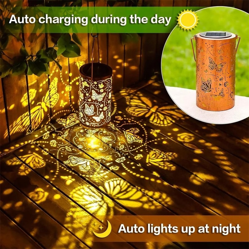 LaserCut Metal Butterfly Solar Lantern Waterproof Decorative Hanging LED Light For Yards Patios 2