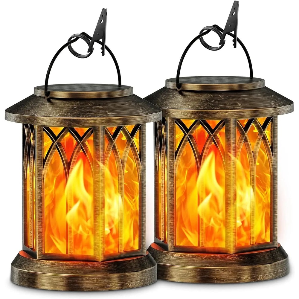 2Pack Flickering Flame Solar Lanterns Hanging Outdoor Garden Lights In Bronze Black 7