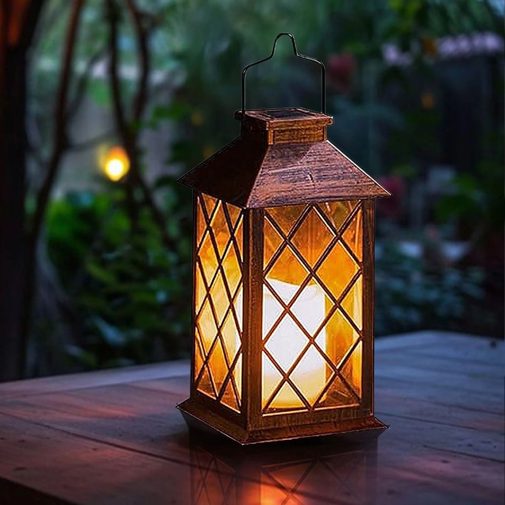 Solar Hanging Lantern Flickering Flameless Candle Waterproof LED Outdoor Light 0