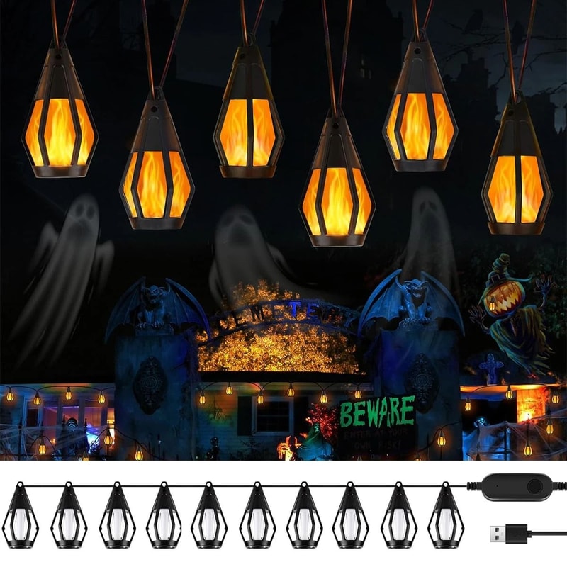 10Bulb Flickering Flame Solar String Lights Waterproof Outdoor Halloween Yard Patio Decor 0