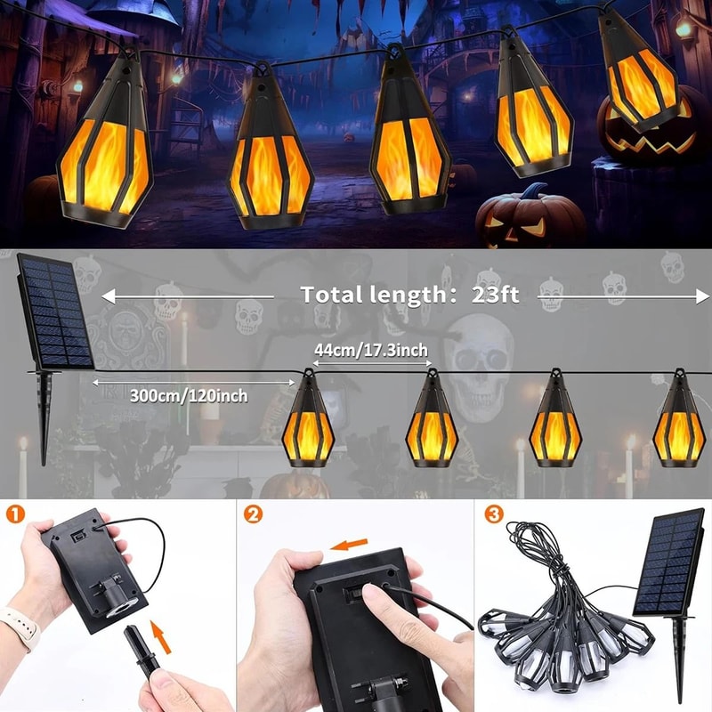 10Bulb Flickering Flame Solar String Lights Waterproof Outdoor Halloween Yard Patio Decor 2
