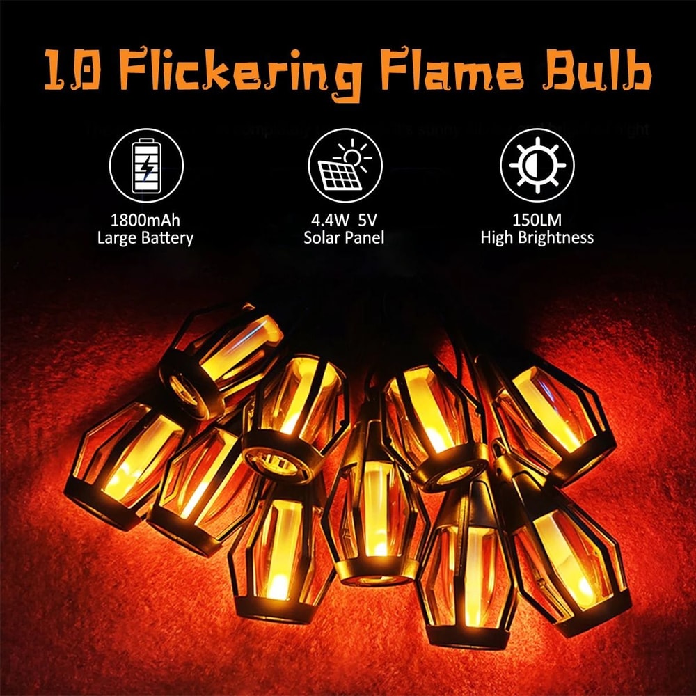 10Bulb Flickering Flame Solar String Lights Waterproof Outdoor Halloween Yard Patio Decor 4