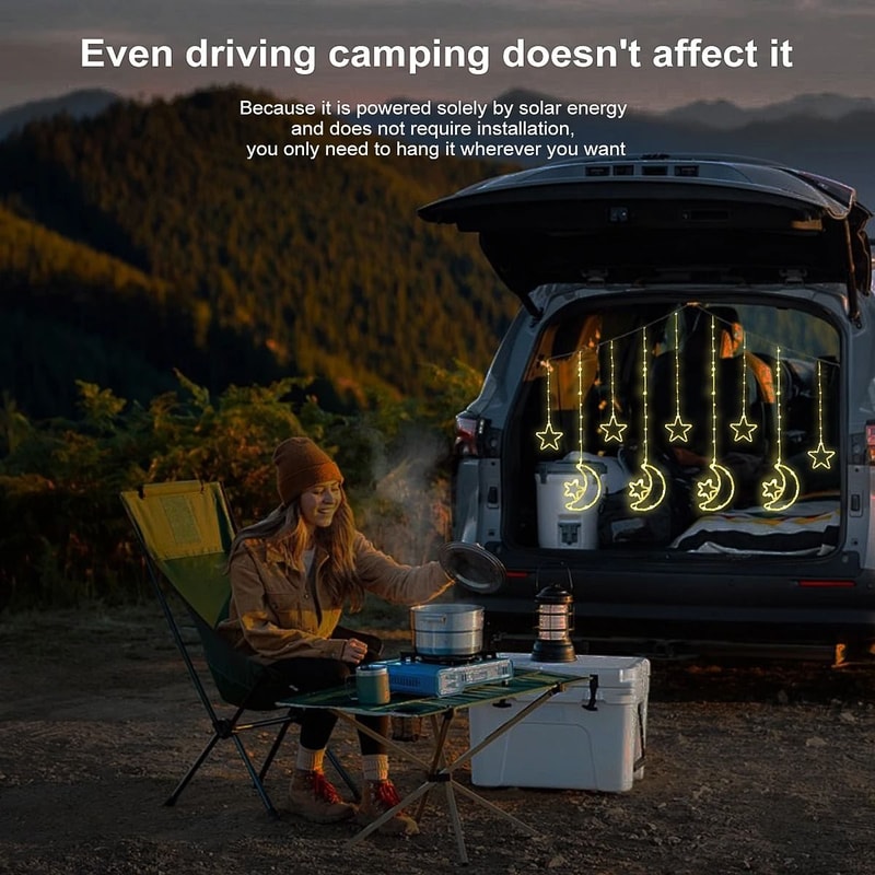 Solar LED Moon Star Curtain Lights Waterproof Outdoor String Lights With 8 Lighting Modes 2