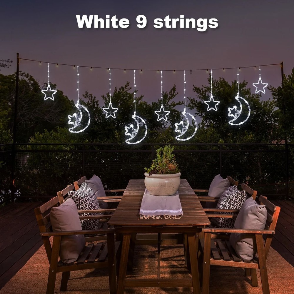 Solar LED Moon Star Curtain Lights Waterproof Outdoor String Lights With 8 Lighting Modes 8