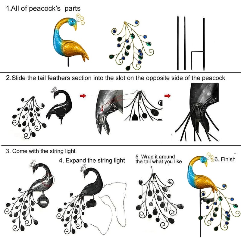 Solar Peacock Garden Stake Light Decorative Metal Craft With Artificial Gems For Outdoor Paths 3