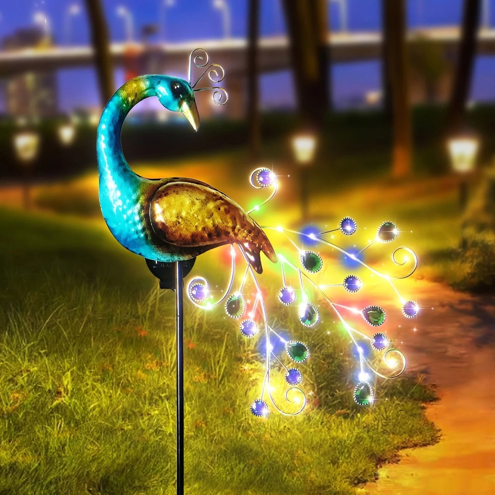 Solar Peacock Garden Stake Light Decorative Metal Craft With Artificial Gems For Outdoor Paths 6