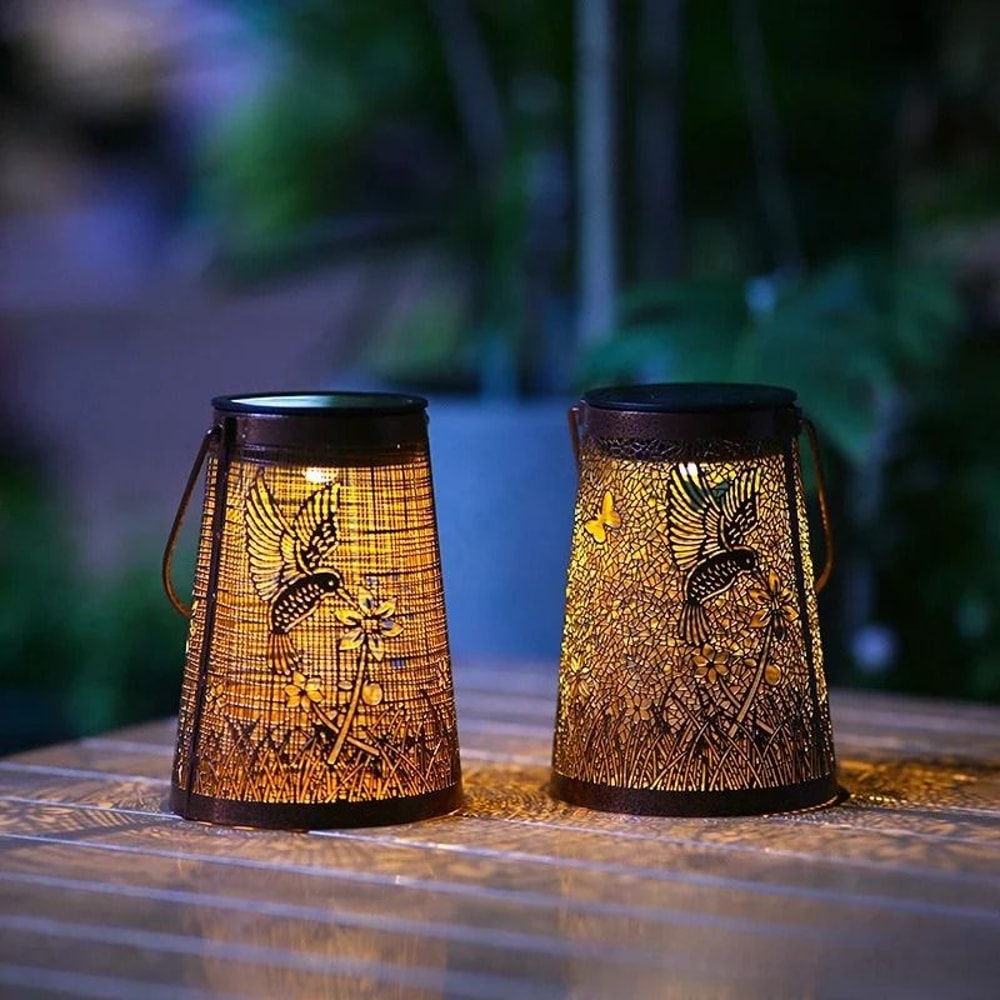Solar Hollow Iron Hummingbird Lantern Waterproof Outdoor Courtyard Garden Projection Decor 2