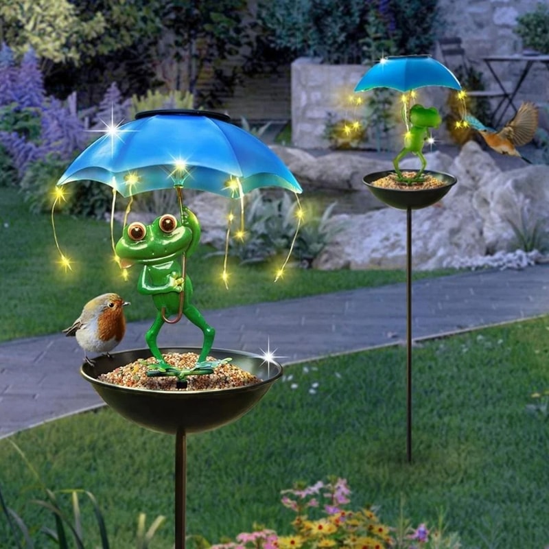 Solar Frog Bird Feeder Garden Stake Decorative Metal Figurine Landscape Light For Lawn Pathway 0