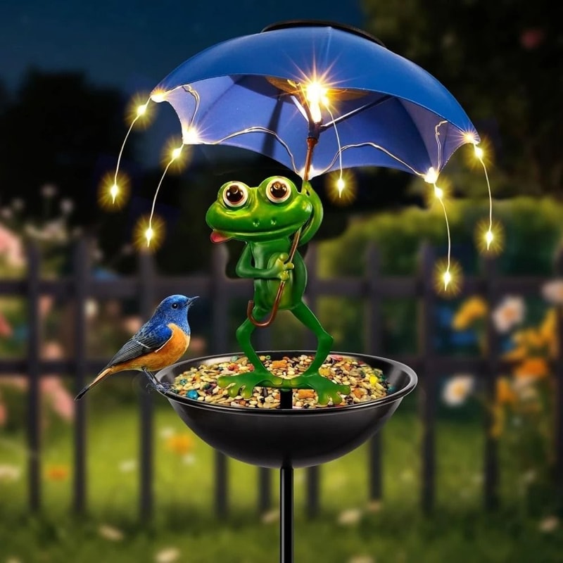 Solar Frog Bird Feeder Garden Stake Decorative Metal Figurine Landscape Light For Lawn Pathway 6