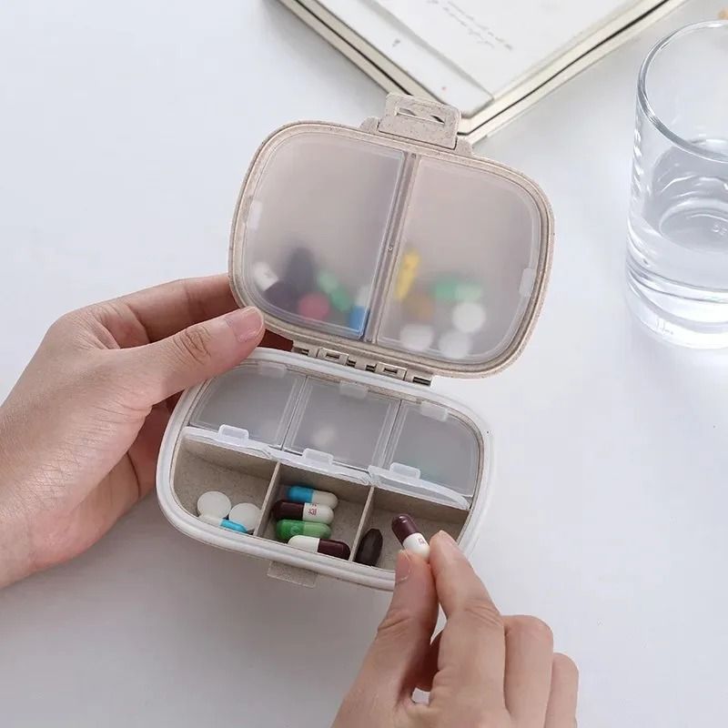 Mini Portable 8Grid Pill Box Wheat Straw Travel Medicine Organizer Sealed Tablet Container 2