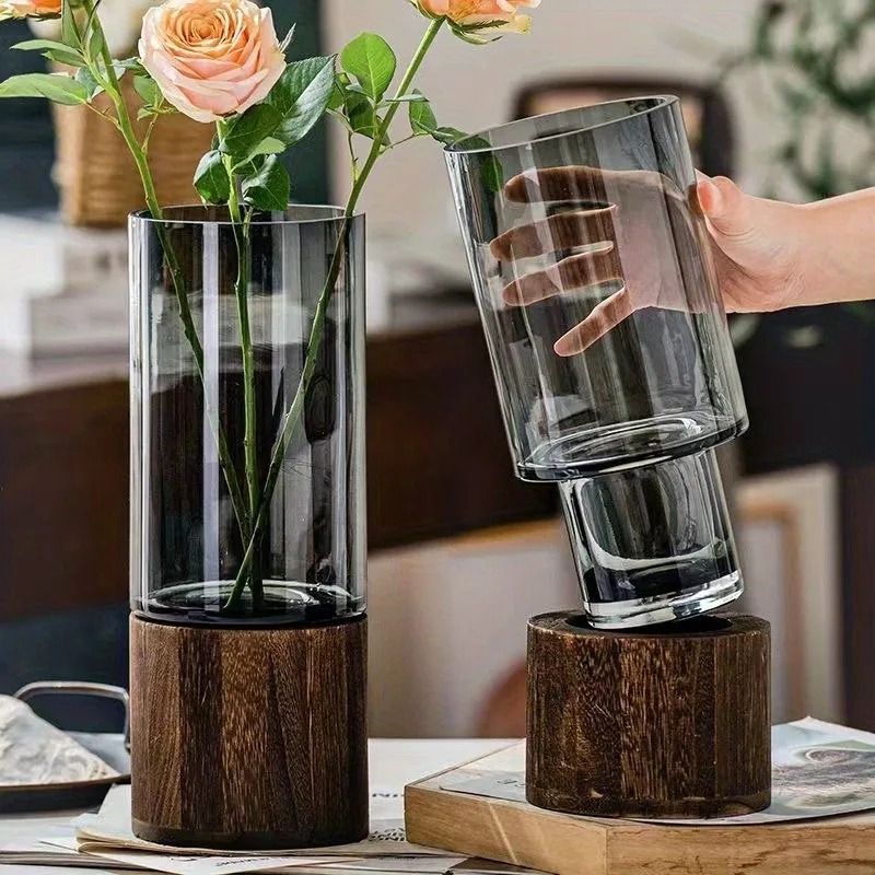 Nordic Style Elegant Glass Vase Premium Smoked Glass With Solid Wooden Base Modern Tabletop Flora 0
