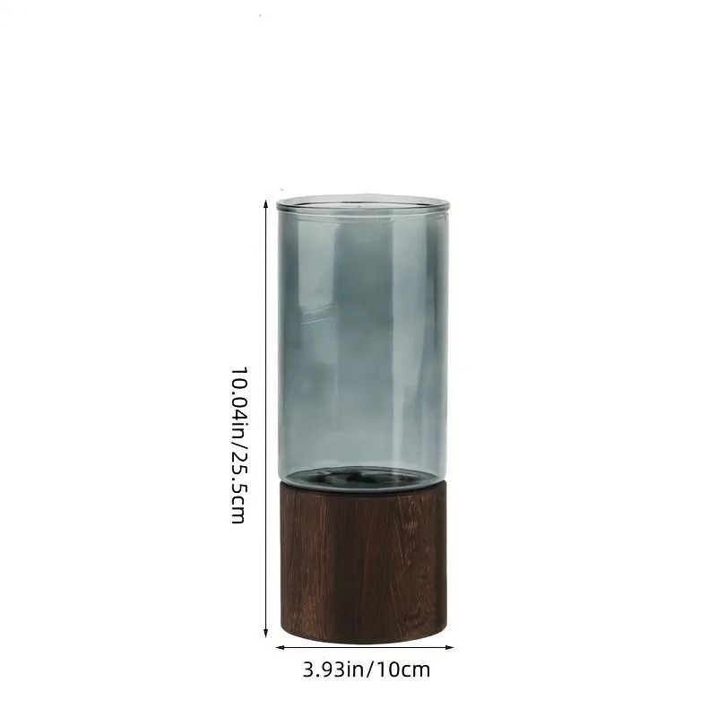 Nordic Style Elegant Glass Vase Premium Smoked Glass With Solid Wooden Base Modern Tabletop Flora 6