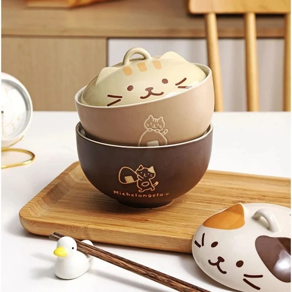 550ml Cartoon Cat Ceramic Instant Noodle Bowl Premium Underglaze Color Soup Salad Bowl With Lid 3