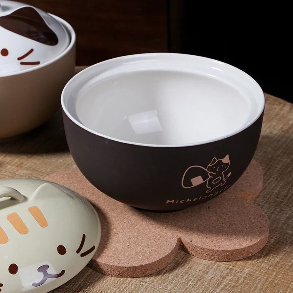 550ml Cartoon Cat Ceramic Instant Noodle Bowl Premium Underglaze Color Soup Salad Bowl With Lid 4