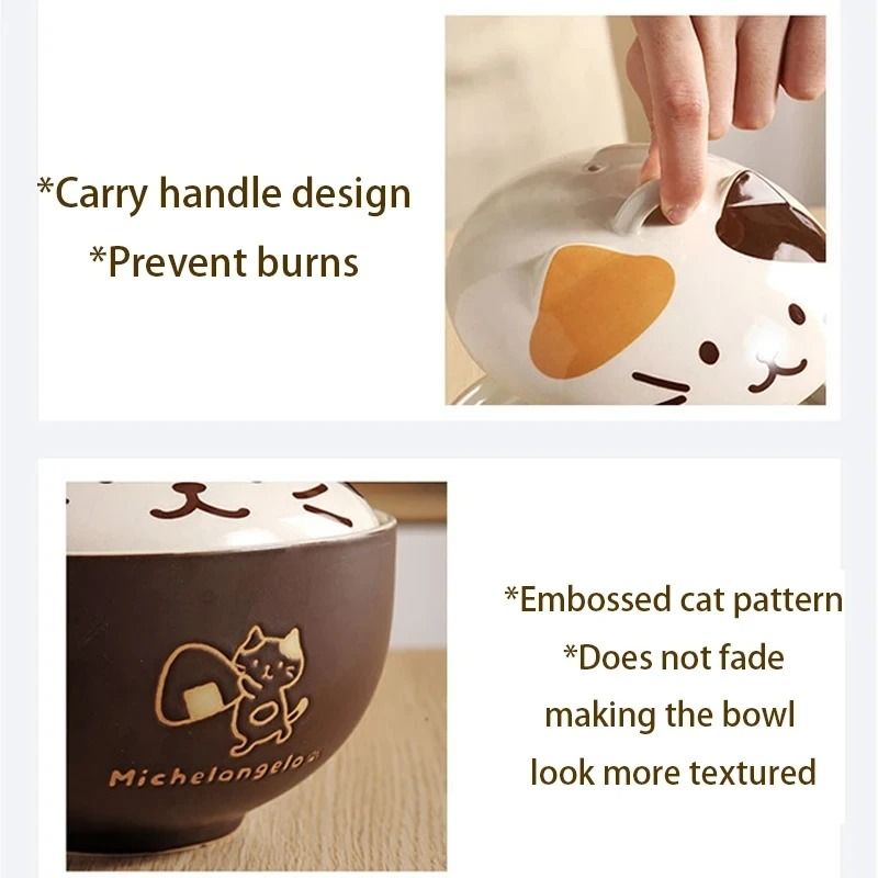 550ml Cartoon Cat Ceramic Instant Noodle Bowl Premium Underglaze Color Soup Salad Bowl With Lid 5