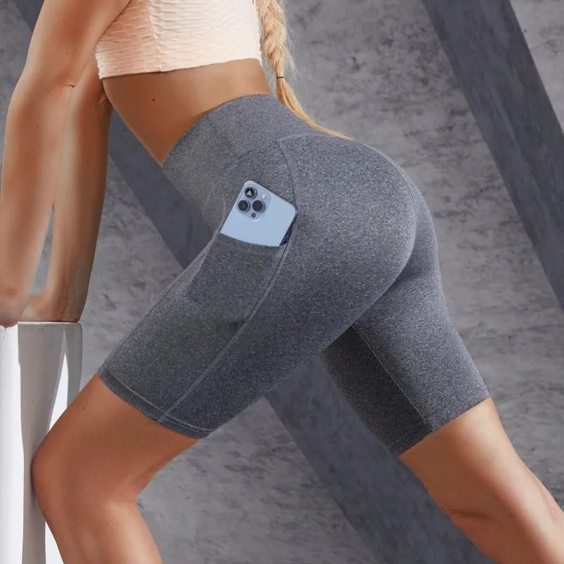 Womens Double Pocket Sports Shorts High Waist Elastic Slim Fitness Shorts For Gym Yoga 2