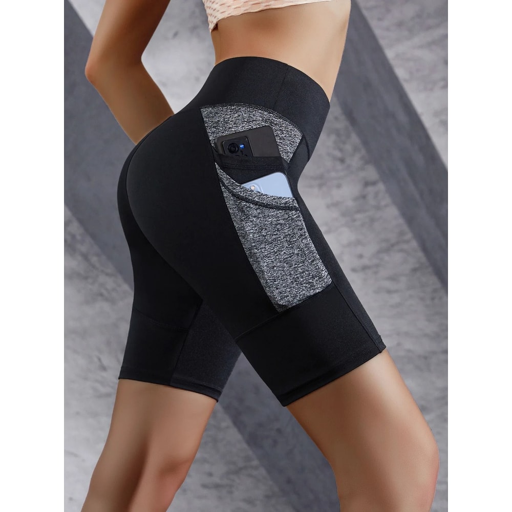 Womens Colorblocked Yoga Shorts High Waist Tummy Control Gym Workout Shorts With Double Side Pocke 0