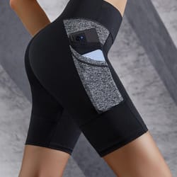 womens colorblocked yoga shorts | high waist tummy control gym workout shorts with double side pockets