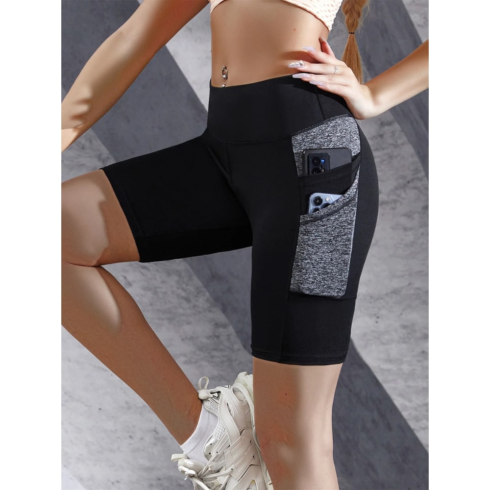 Womens Colorblocked Yoga Shorts High Waist Tummy Control Gym Workout Shorts With Double Side Pocke 1