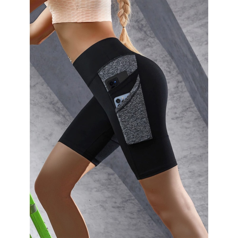 Womens Colorblocked Yoga Shorts High Waist Tummy Control Gym Workout Shorts With Double Side Pocke 6