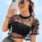 Star Print Drop Shoulder Crop Mesh Top Summer Outfits Without Camisole 0