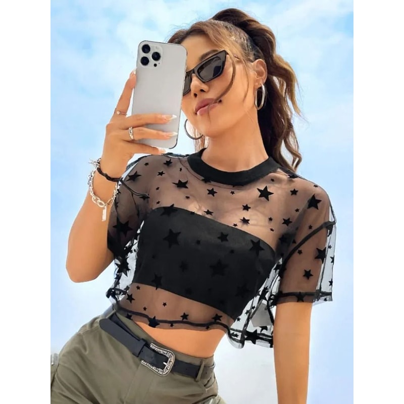 Star Print Drop Shoulder Crop Mesh Top Summer Outfits Without Camisole 0