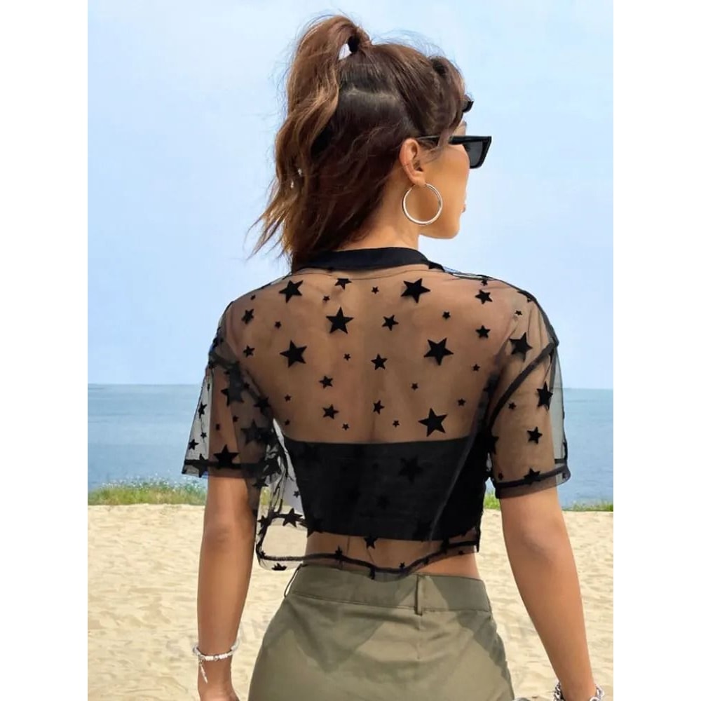 Star Print Drop Shoulder Crop Mesh Top Summer Outfits Without Camisole 1