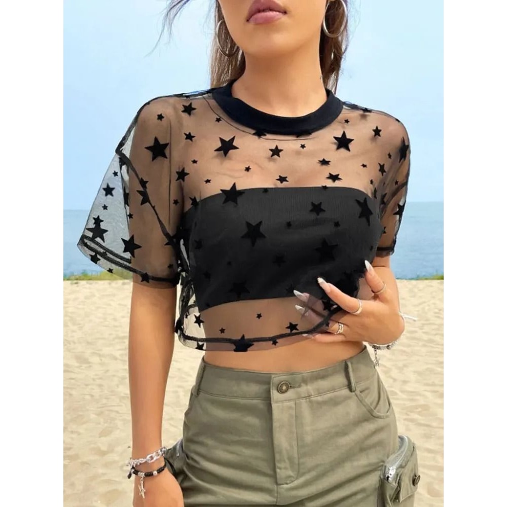 Star Print Drop Shoulder Crop Mesh Top Summer Outfits Without Camisole 3