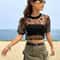 Star Print Drop Shoulder Crop Mesh Top Summer Outfits Without Camisole 4