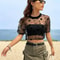 Star Print Drop Shoulder Crop Mesh Top Summer Outfits Without Camisole 4