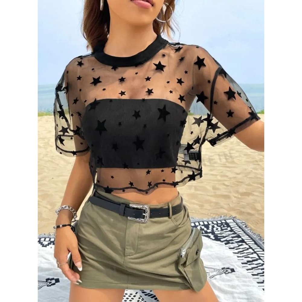 Star Print Drop Shoulder Crop Mesh Top Summer Outfits Without Camisole 5