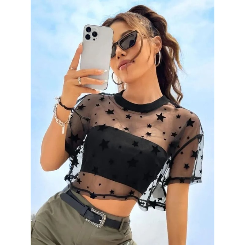 Star Print Drop Shoulder Crop Mesh Top Summer Outfits Without Camisole 6