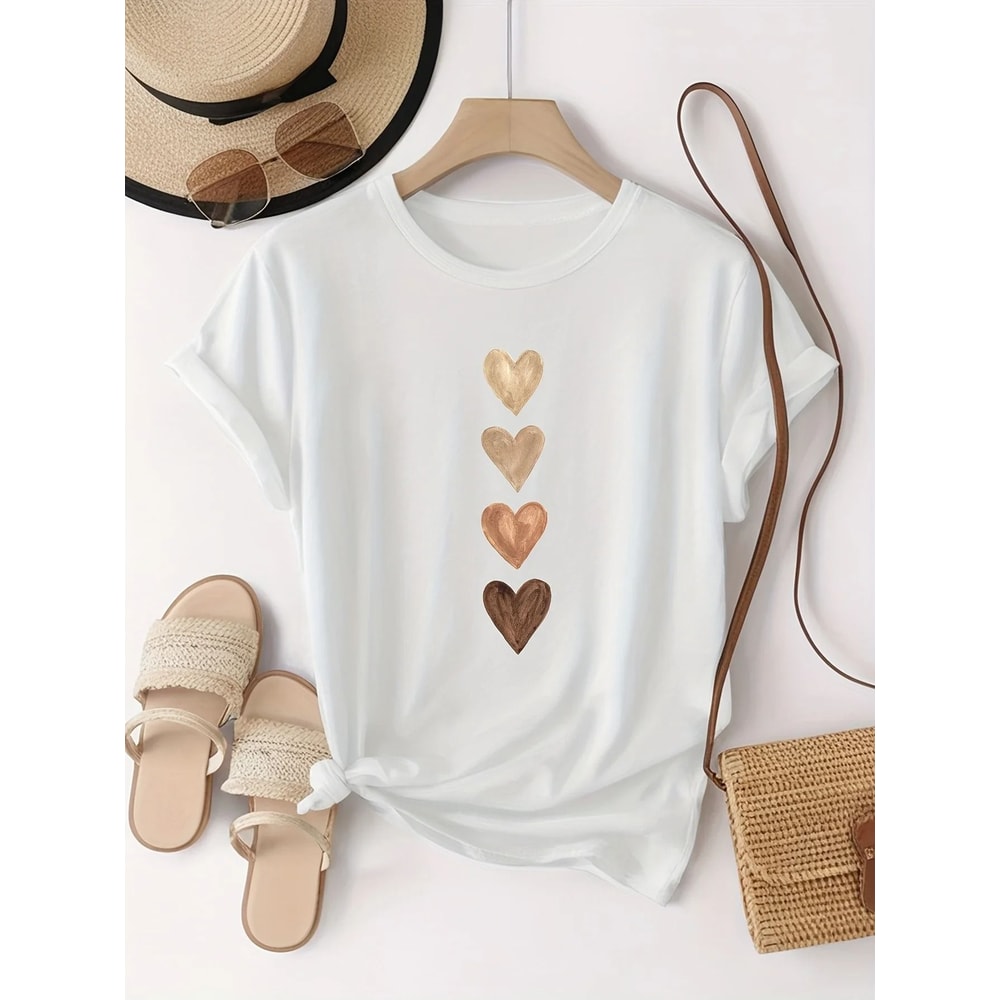 Womens Casual Short Sleeve TShirt With Four Heart Graphic Print Black And Golden 2