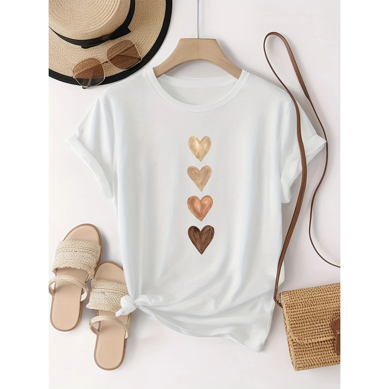 Womens Casual Short Sleeve TShirt With Four Heart Graphic Print Black And Golden 3