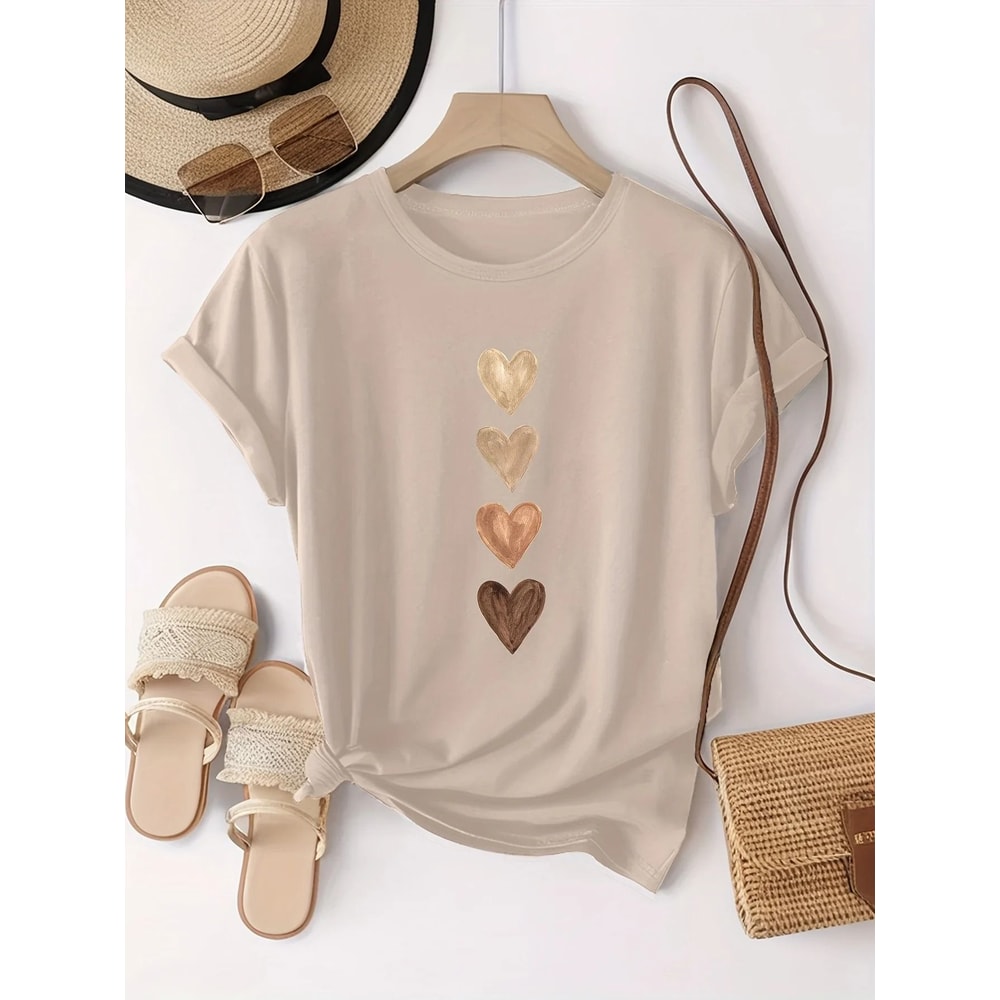 Womens Casual Short Sleeve TShirt With Four Heart Graphic Print Black And Golden 4