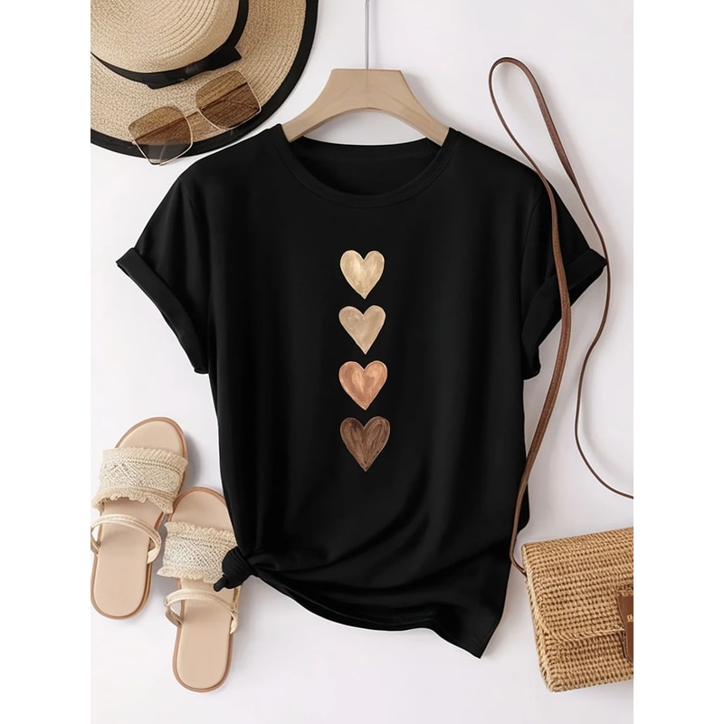 Womens Casual Short Sleeve TShirt With Four Heart Graphic Print Black And Golden 5