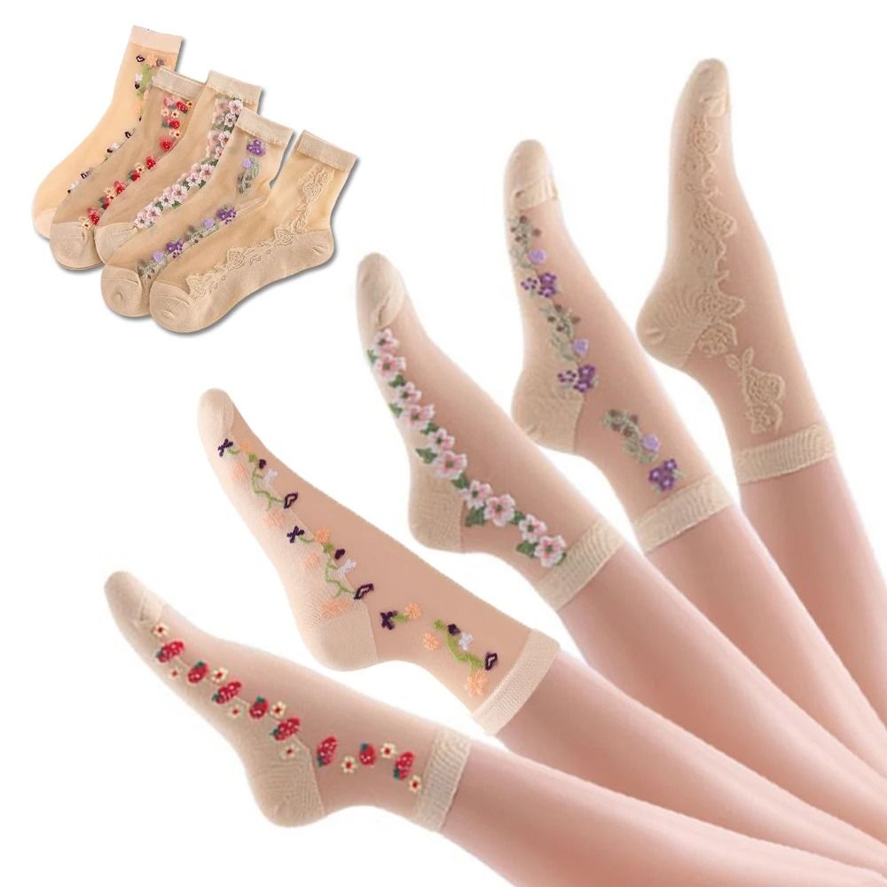 5 Pairs Ice Silk Socks Women Spring Summer Mid Tube Breathable Anti Slip Crystal Thin 0