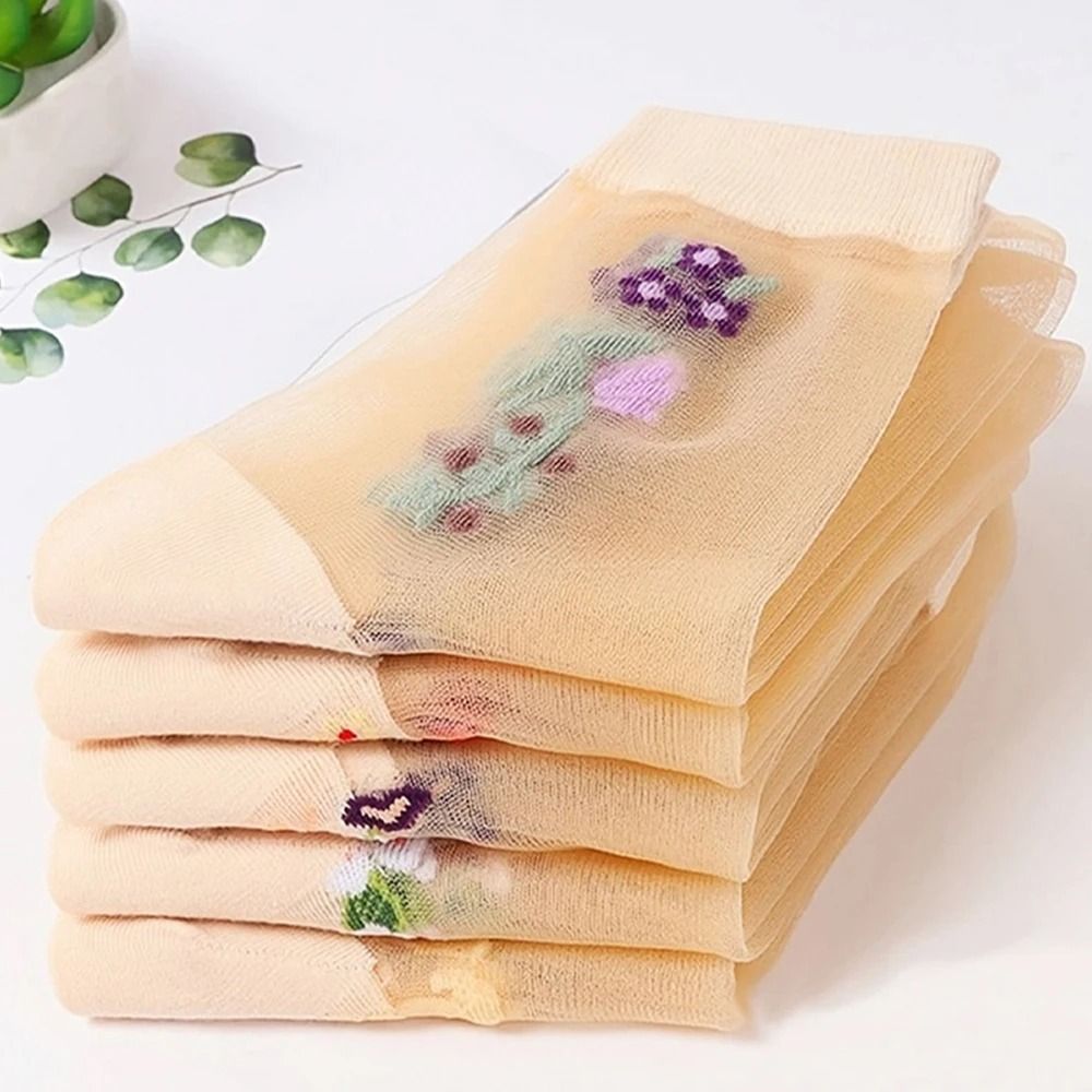 5 Pairs Ice Silk Socks Women Spring Summer Mid Tube Breathable Anti Slip Crystal Thin 1