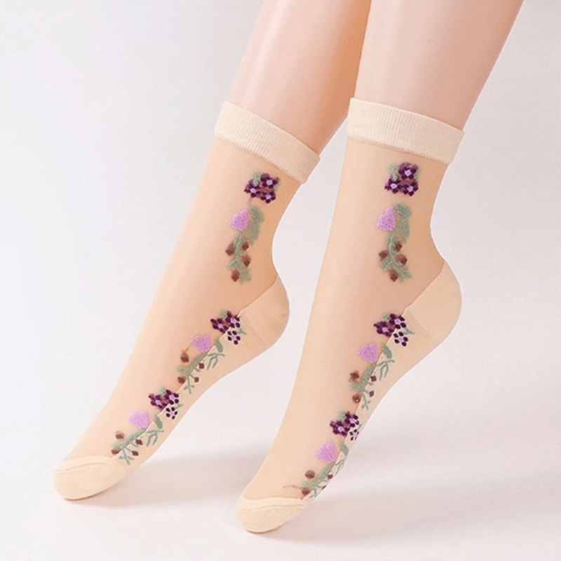 5 Pairs Ice Silk Socks Women Spring Summer Mid Tube Breathable Anti Slip Crystal Thin 2