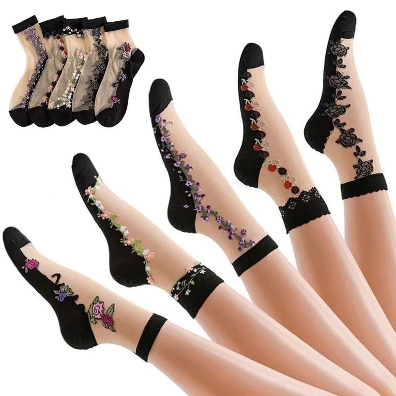 5 Pairs Ice Silk Socks Women Spring Summer Mid Tube Breathable Anti Slip Crystal Thin 5