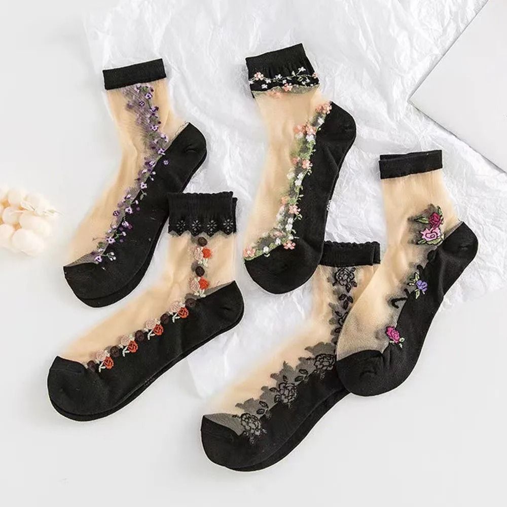 5 Pairs Ice Silk Socks Women Spring Summer Mid Tube Breathable Anti Slip Crystal Thin 6