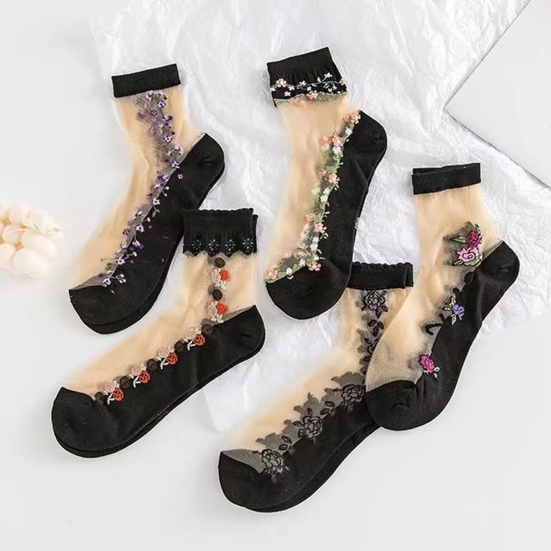5 Pairs Ice Silk Socks Women Spring Summer Mid Tube Breathable Anti Slip Crystal Thin 6