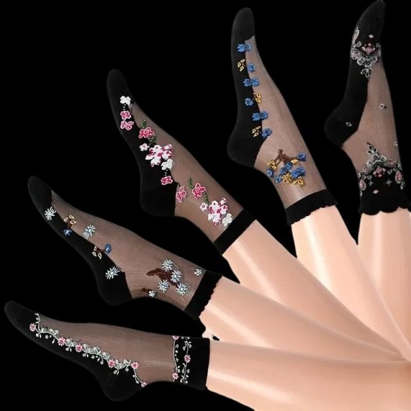 5 Pairs Ice Silk Socks Women Spring Summer Mid Tube Breathable Anti Slip Crystal Thin 7